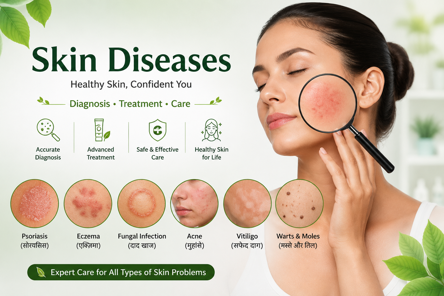 Skin Diseases (Eczema, Psoriasis, Vitiligo, Fungal Infection, Acne) | त्वचा रोग (एक्जिमा, सोरायसिस, सफेद दाग, फंगल संक्रमण, मुंहासे)